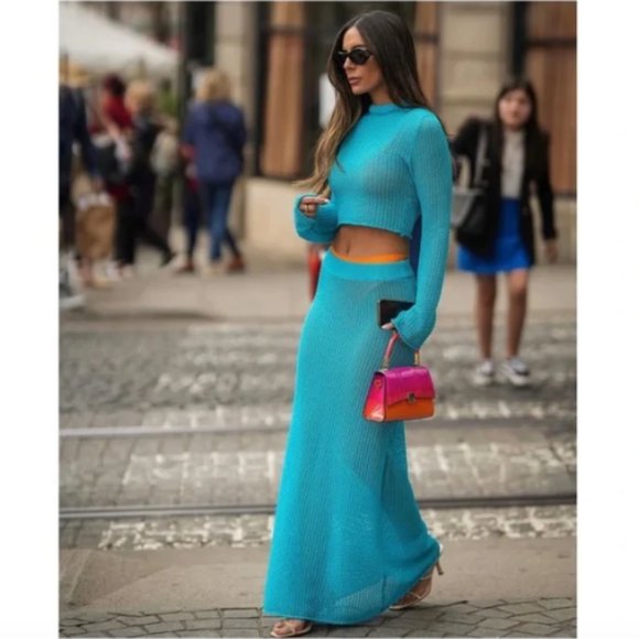 BLOGGER'S FAVE! Zara Blue Pointelle Knit Sweater NWT - Picture 5 of 16